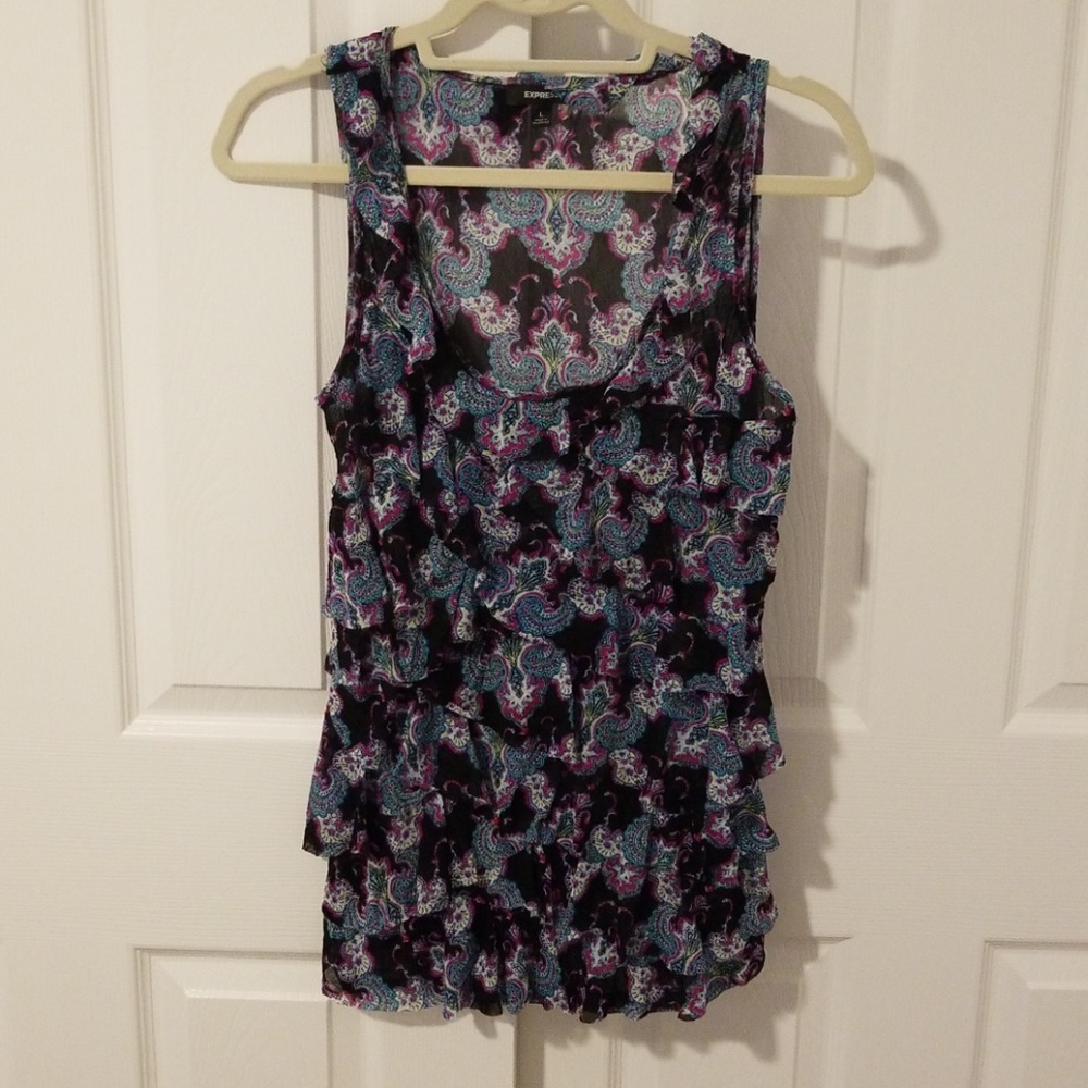 Express Sheer Paisley Ruffled Tank top